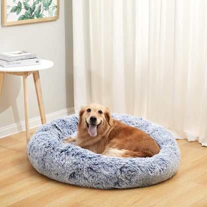 Calming Fluffy Donut Dog Bed for Large Dogs,Dark Grey, 36" Round