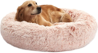 Calming Fluffy Donut Dog Bed for Large Dogs,Dark Grey, 36" Round