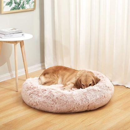 Calming Fluffy Donut Dog Bed for Large Dogs,Dark Grey, 36" Round