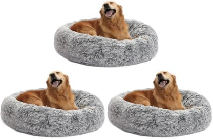 Calming Fluffy Donut Dog Bed for Large Dogs,Dark Grey, 36" Round