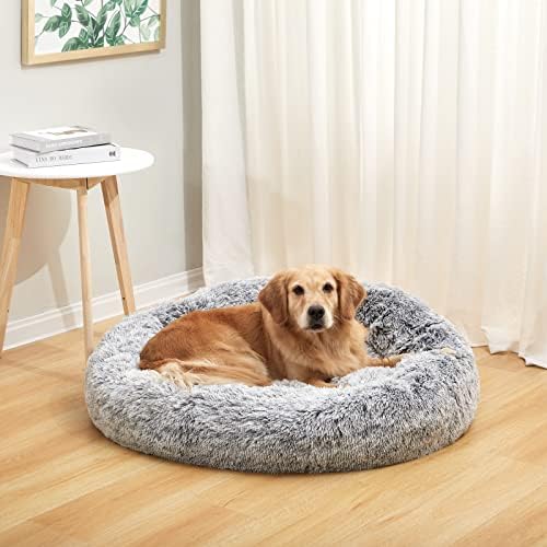 Calming Fluffy Donut Dog Bed for Large Dogs,Dark Grey, 36" Round