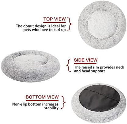 Calming Fluffy Donut Dog Bed for Large Dogs,Dark Grey, 36" Round