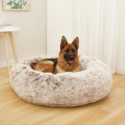 Calming Fluffy Donut Dog Bed for Large Dogs,Dark Grey, 36" Round