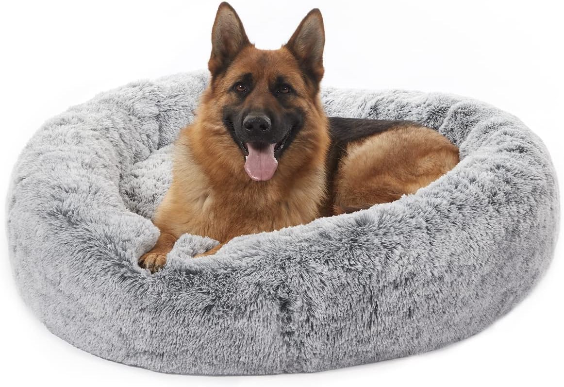 Calming Fluffy Donut Dog Bed for Large Dogs,Dark Grey, 36" Round