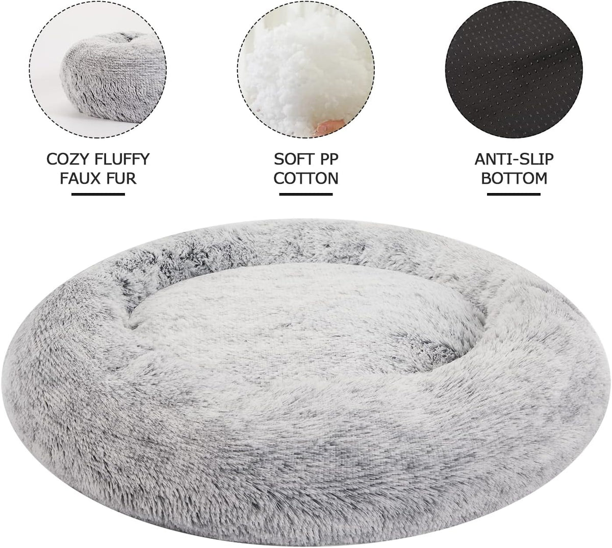 Calming Fluffy Donut Dog Bed for Large Dogs,Dark Grey, 36" Round