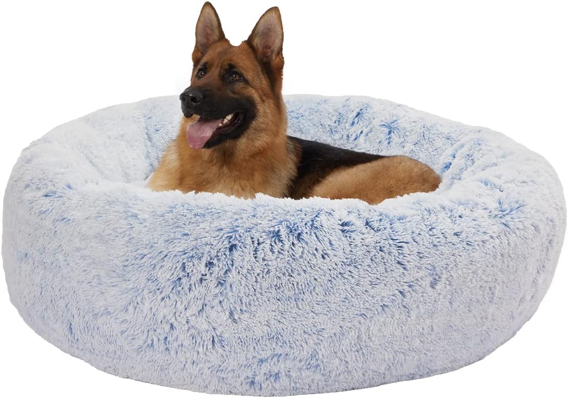 Calming Fluffy Donut Dog Bed for Large Dogs,Dark Grey, 36" Round