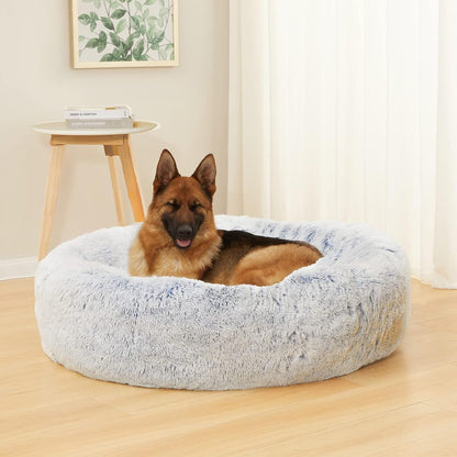 Calming Fluffy Donut Dog Bed for Large Dogs,Dark Grey, 36" Round