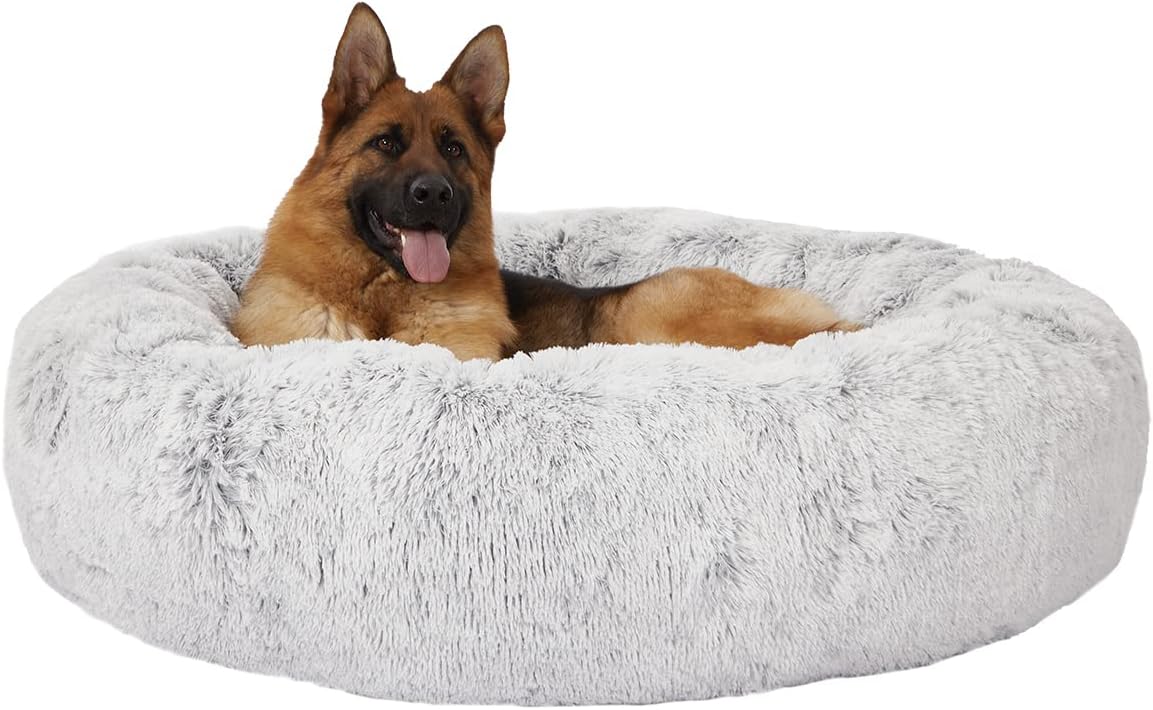 Calming Fluffy Donut Dog Bed for Large Dogs,Dark Grey, 36" Round