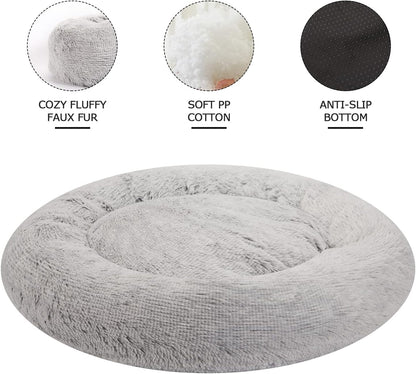 Calming Fluffy Donut Dog Bed for Large Dogs,Dark Grey, 36" Round