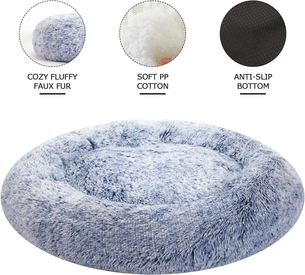 Calming Fluffy Donut Dog Bed for Large Dogs,Dark Grey, 36" Round