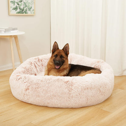 Calming Fluffy Donut Dog Bed for Large Dogs,Dark Grey, 36" Round