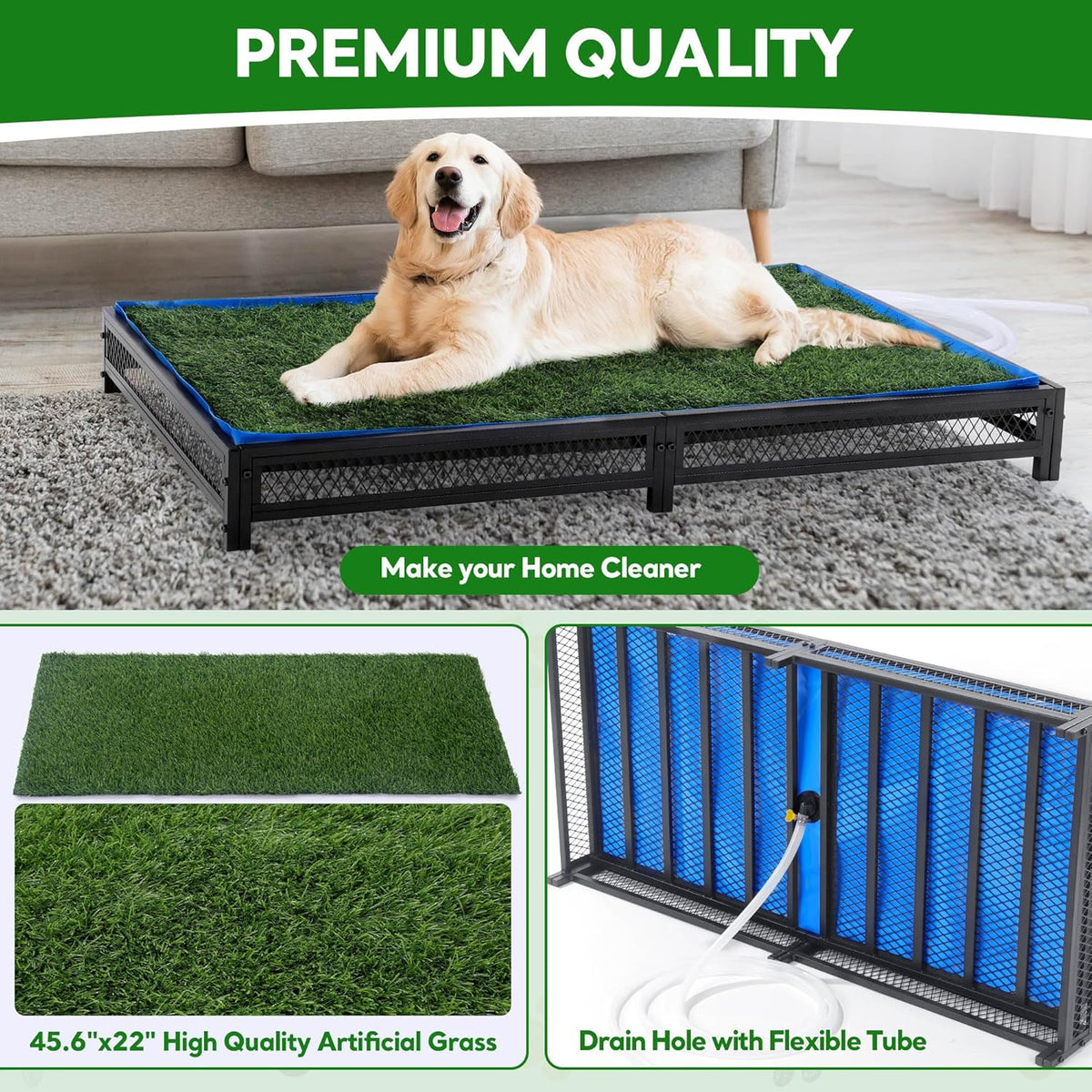 Grass Potty for Dogs with Drain, Artificial Grass Pet Litter Box Tray for Medium & Larhe Dog, Puppy Porch Toilet for Patio, Indoor & Outdoor Use(47" L x 23" W x 6" H)