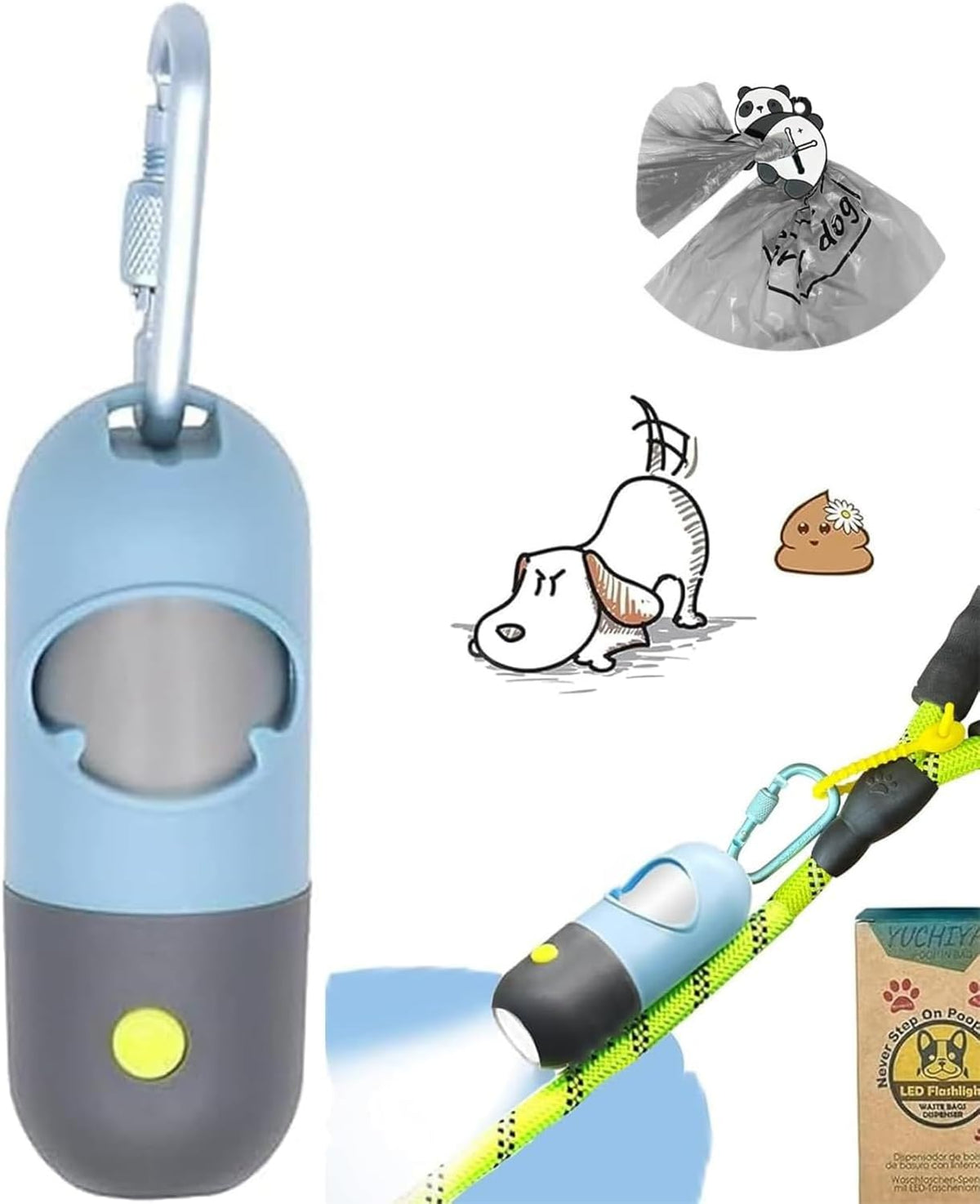 Dog Poop Bag Holder Dispenser with LED Flashlight(Gray)