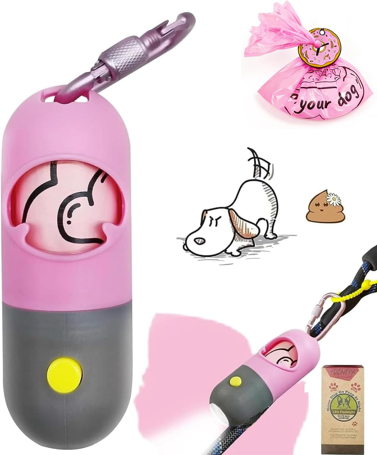 Dog Poop Bag Holder Dispenser with LED Flashlight(Gray)