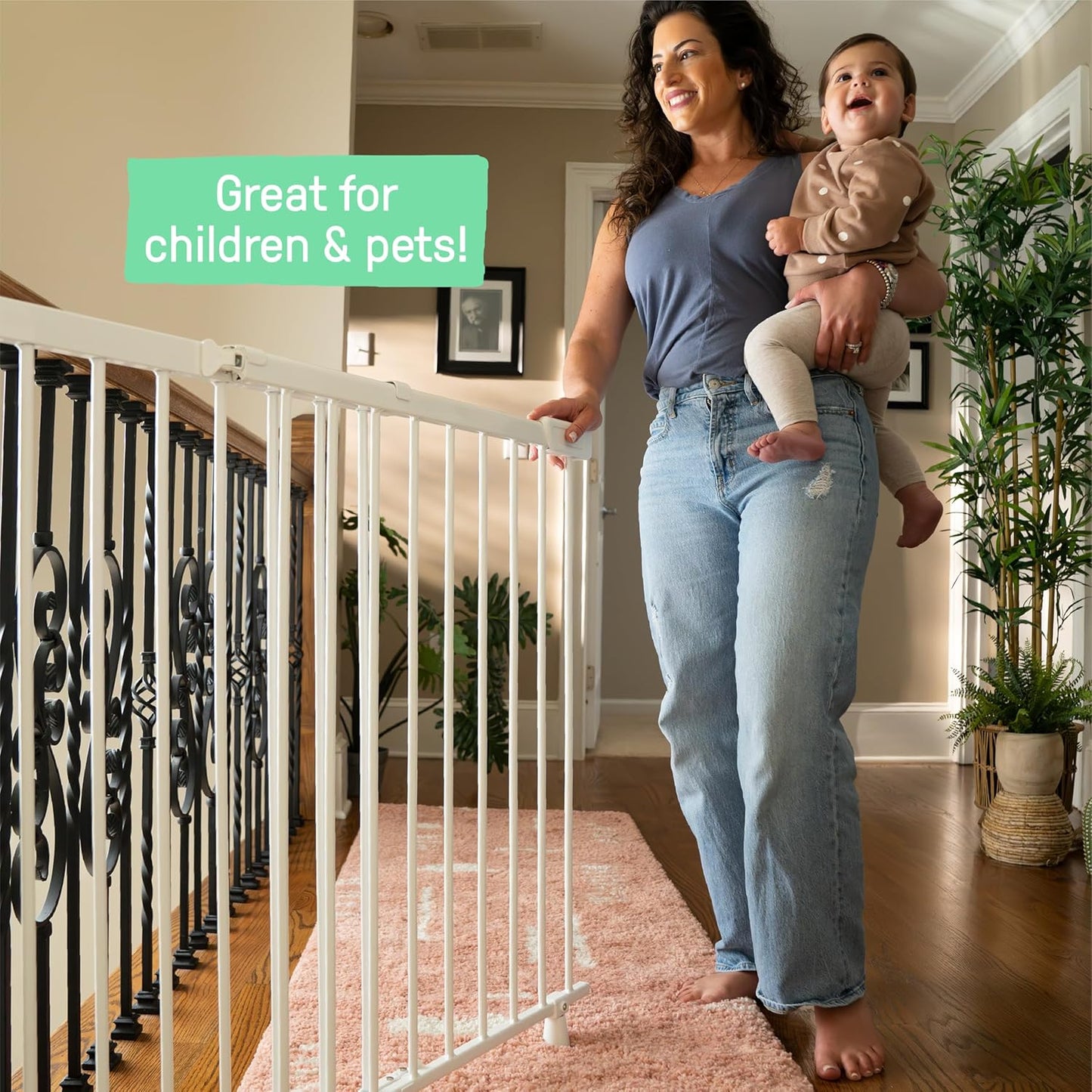 The Stairway 48W Series, 30'-48' Wide, 32" Tall, Baby Gate for Stairs with Door, Wood Safety Gate for Doorways and Stairways - Oak Wood