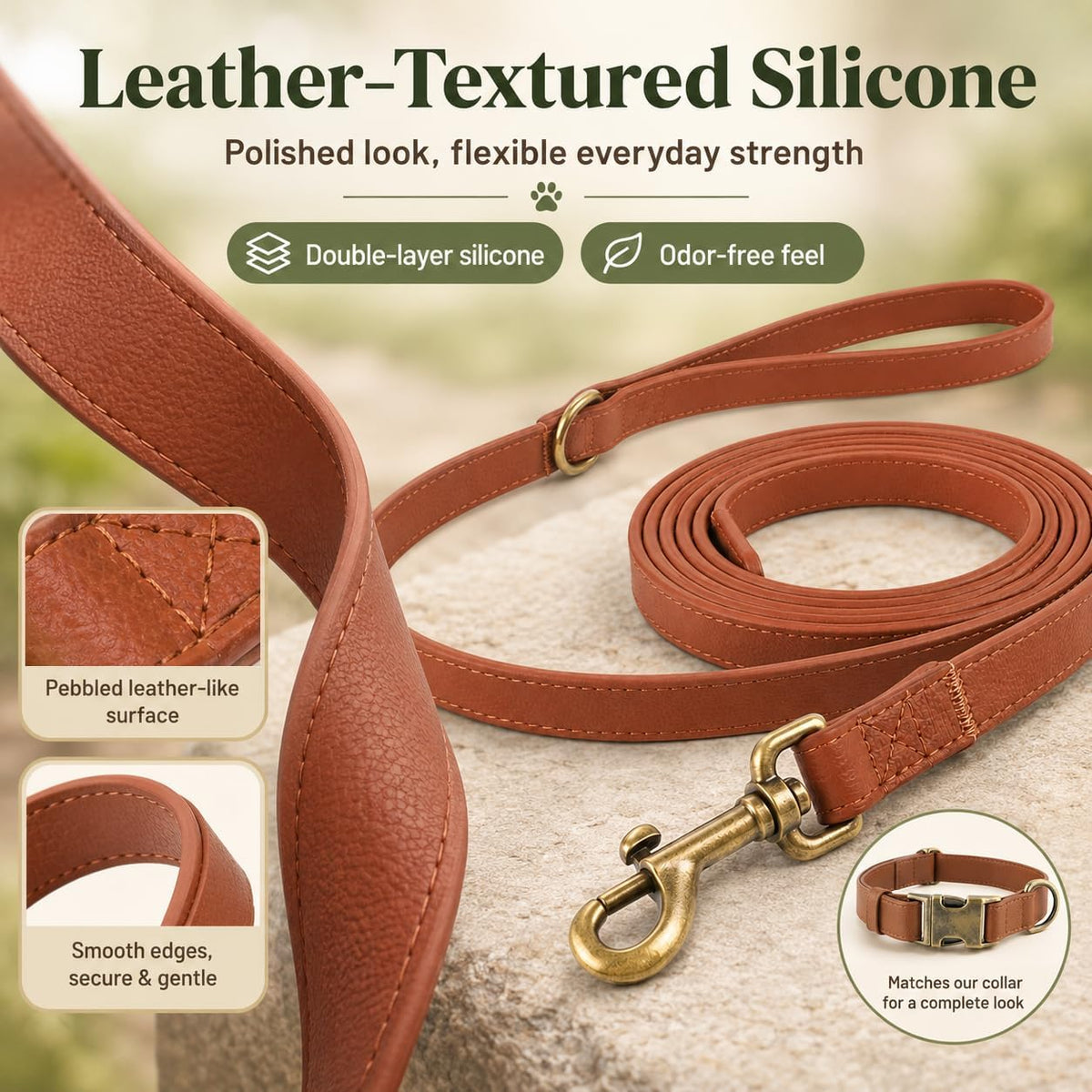 B&F Dog Leash for Small Dogs 4.9ft Silicone Leather Soft Handle for Medium Dogs Skin-Friendly Waterproof Odor-Proof Walking and Training Leash (Brown,4.9FT)