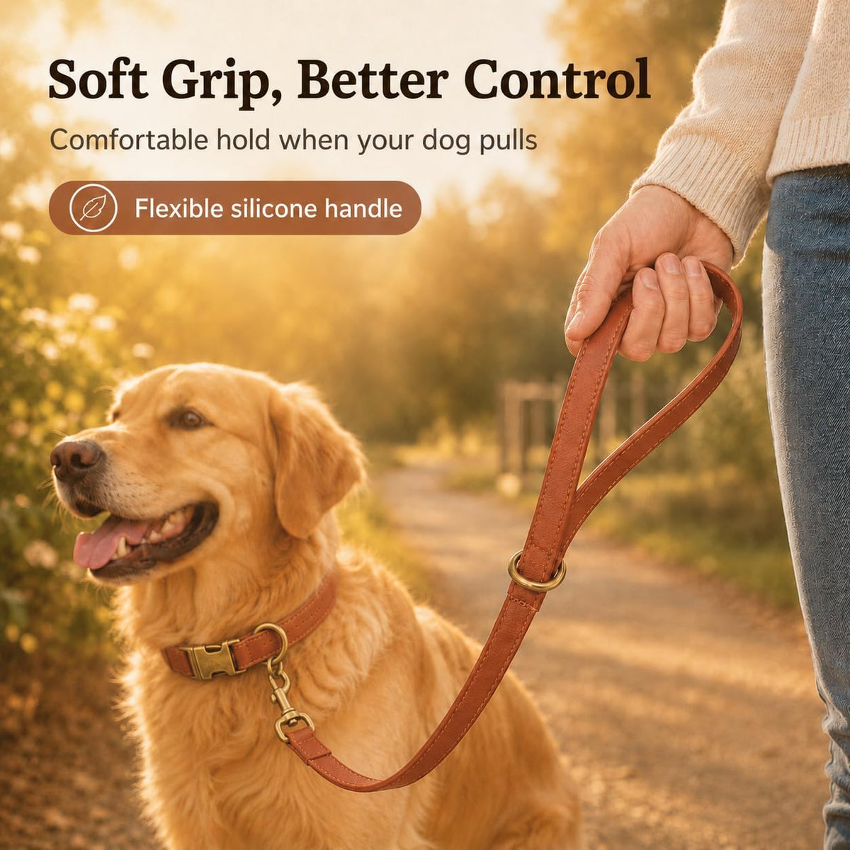 B&F Dog Leash for Small Dogs 4.9ft Silicone Leather Soft Handle for Medium Dogs Skin-Friendly Waterproof Odor-Proof Walking and Training Leash (Brown,4.9FT)