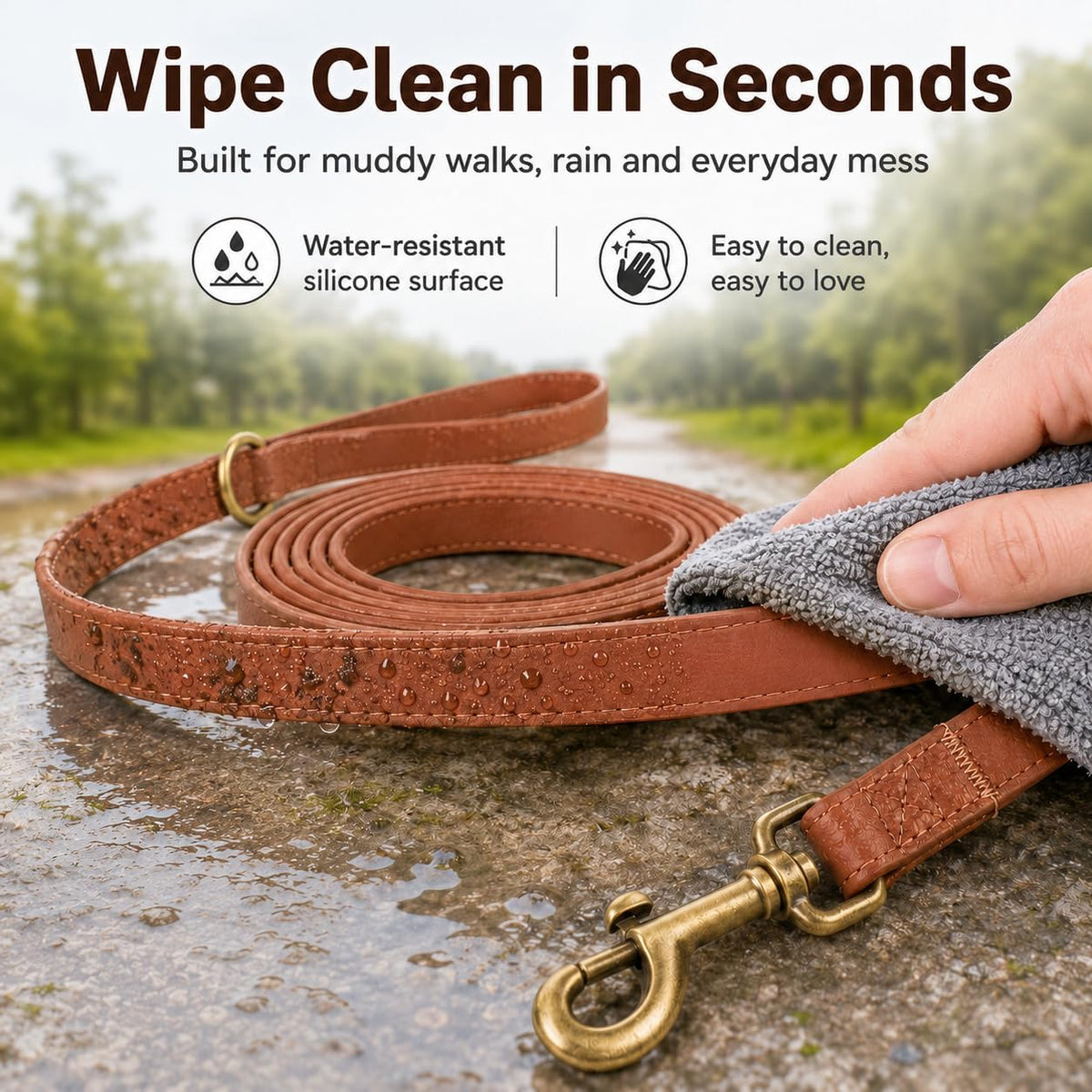 B&F Dog Leash for Small Dogs 4.9ft Silicone Leather Soft Handle for Medium Dogs Skin-Friendly Waterproof Odor-Proof Walking and Training Leash (Brown,4.9FT)