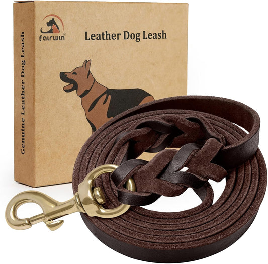 Braided Leather Dog Training Leash 6 Foot - Military Grade Heavy Duty Dog Leash for Large Medium Small Dogs (Brown, M:5/8" x 6ft)