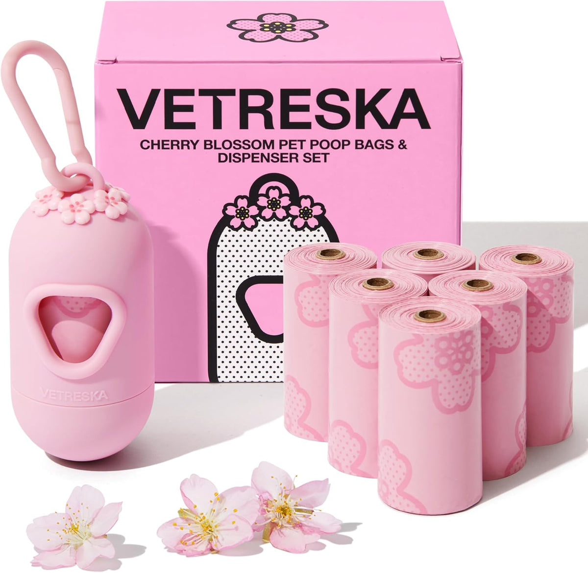 Dog Poop Bag Dispenser with 105 Cherry Blossom Scented Bags