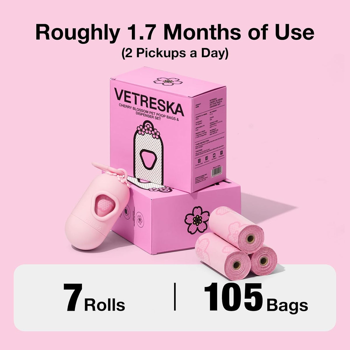 Dog Poop Bag Dispenser with 105 Cherry Blossom Scented Bags