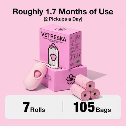 Dog Poop Bag Dispenser with 105 Cherry Blossom Scented Bags