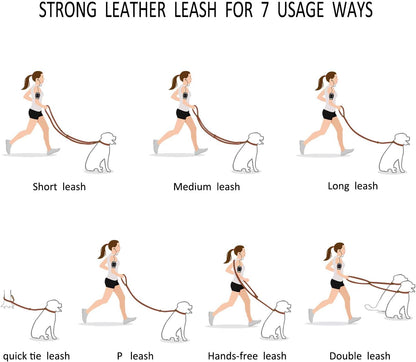Multi Function 8ft Leather Dog Leash, Genuine Leather Hands Free Leash for Small, Medium and Large Dogs