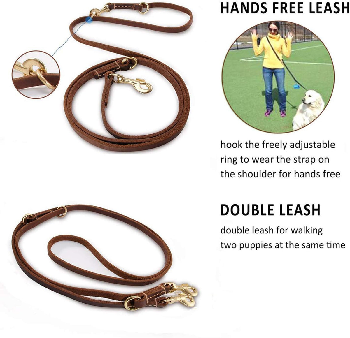 Multi Function 8ft Leather Dog Leash, Genuine Leather Hands Free Leash for Small, Medium and Large Dogs