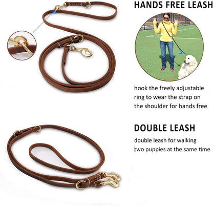 Multi Function 8ft Leather Dog Leash, Genuine Leather Hands Free Leash for Small, Medium and Large Dogs
