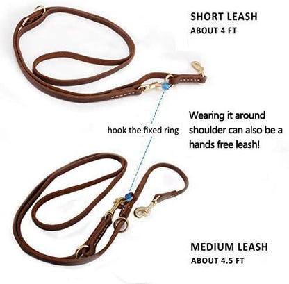 Multi Function 8ft Leather Dog Leash, Genuine Leather Hands Free Leash for Small, Medium and Large Dogs
