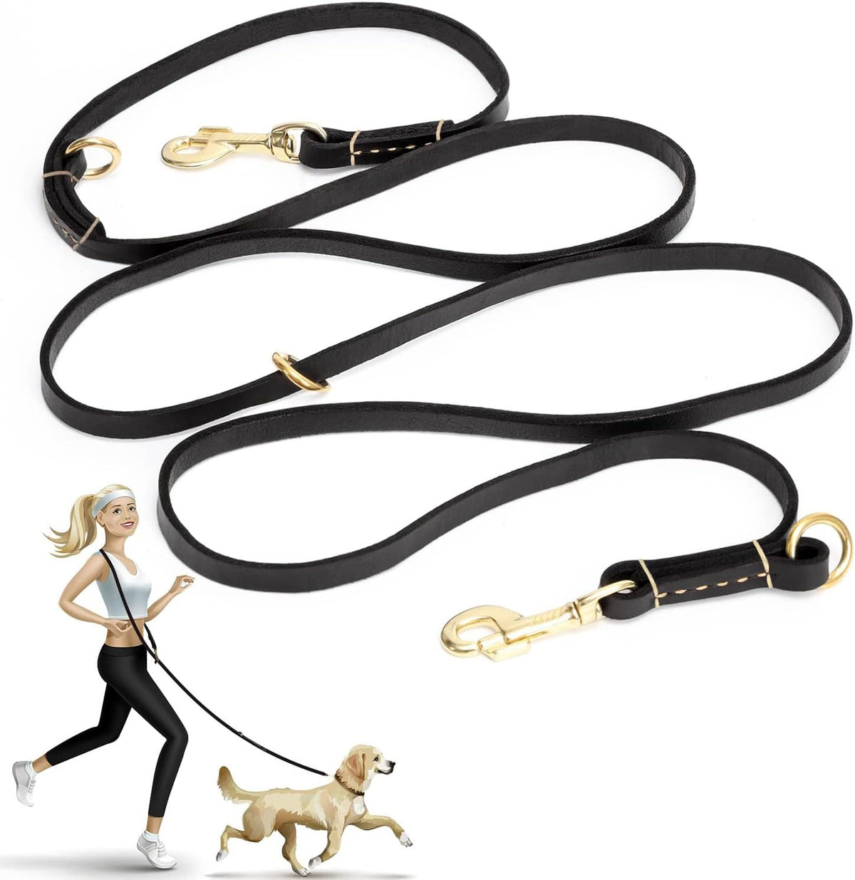 Multi Function 8ft Leather Dog Leash, Genuine Leather Hands Free Leash for Small, Medium and Large Dogs
