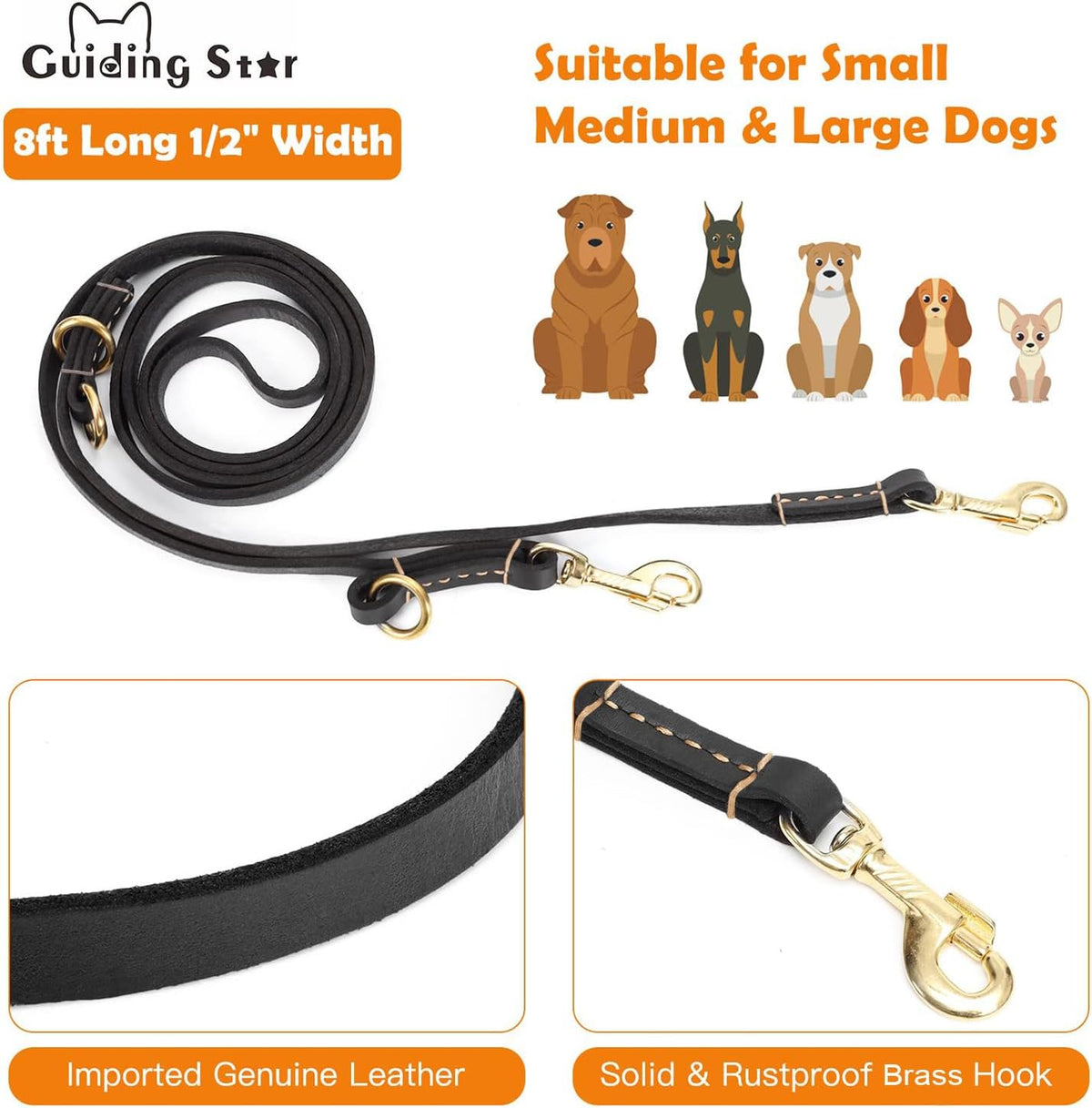 Multi Function 8ft Leather Dog Leash, Genuine Leather Hands Free Leash for Small, Medium and Large Dogs