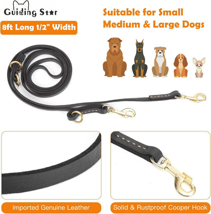 Multi Function 8ft Leather Dog Leash, Genuine Leather Hands Free Leash for Small, Medium and Large Dogs