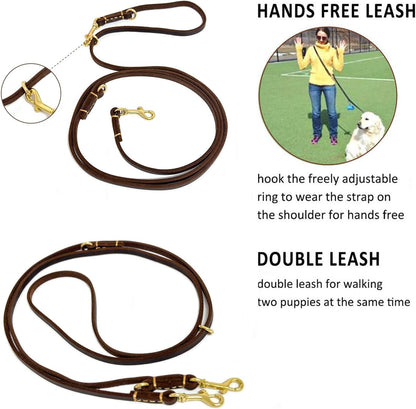 Multi Function 8ft Leather Dog Leash, Genuine Leather Hands Free Leash for Small, Medium and Large Dogs