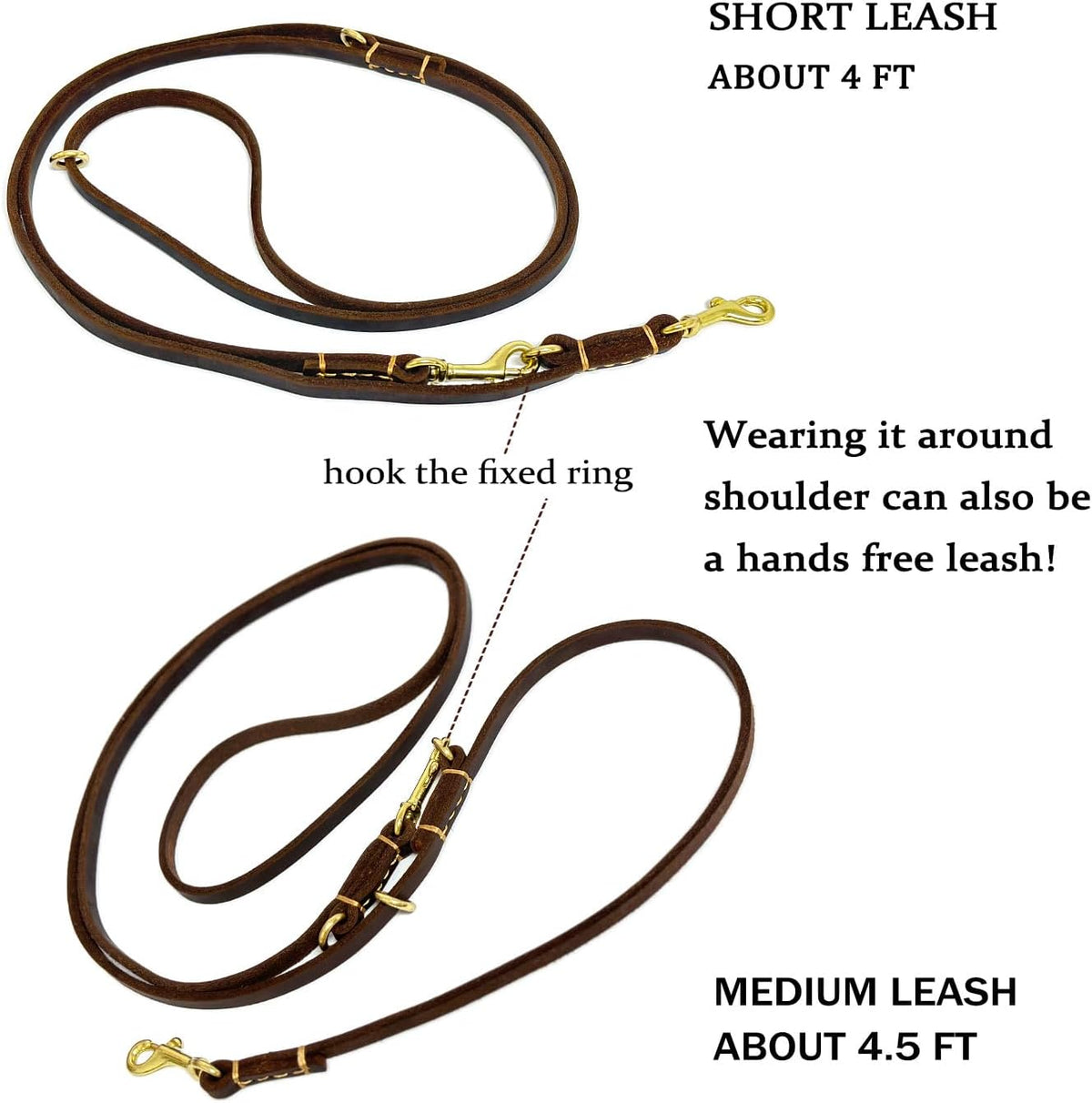 Multi Function 8ft Leather Dog Leash, Genuine Leather Hands Free Leash for Small, Medium and Large Dogs