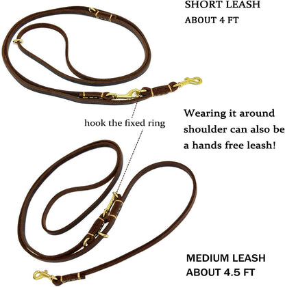 Multi Function 8ft Leather Dog Leash, Genuine Leather Hands Free Leash for Small, Medium and Large Dogs