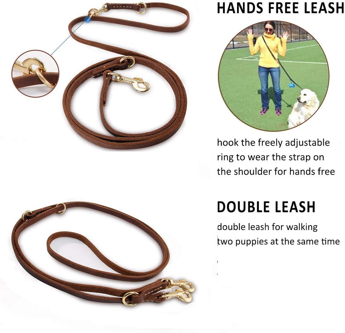 Multi Function 8ft Leather Dog Leash, Genuine Leather Hands Free Leash for Small, Medium and Large Dogs