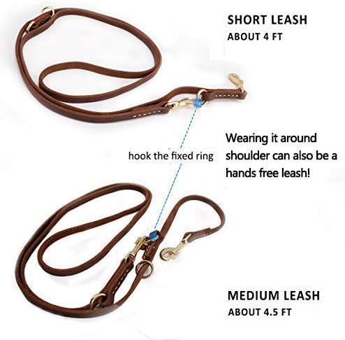 Multi Function 8ft Leather Dog Leash, Genuine Leather Hands Free Leash for Small, Medium and Large Dogs