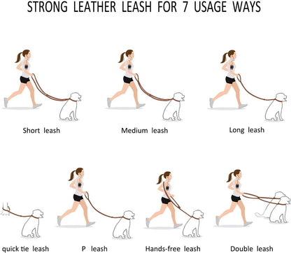 Multi Function 8ft Leather Dog Leash, Genuine Leather Hands Free Leash for Small, Medium and Large Dogs