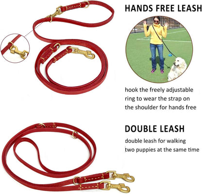 Multi Function 8ft Leather Dog Leash, Genuine Leather Hands Free Leash for Small, Medium and Large Dogs