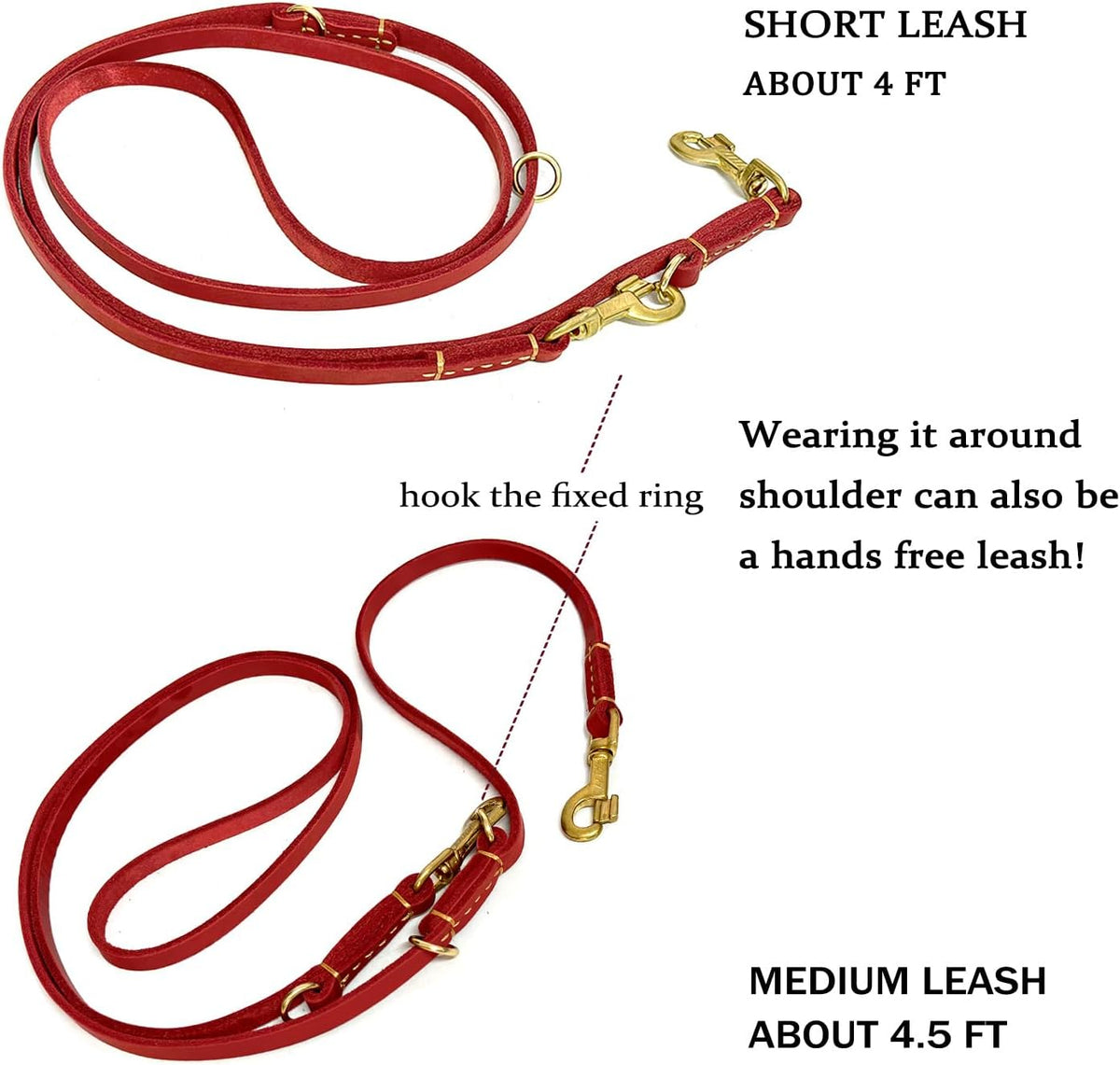 Multi Function 8ft Leather Dog Leash, Genuine Leather Hands Free Leash for Small, Medium and Large Dogs