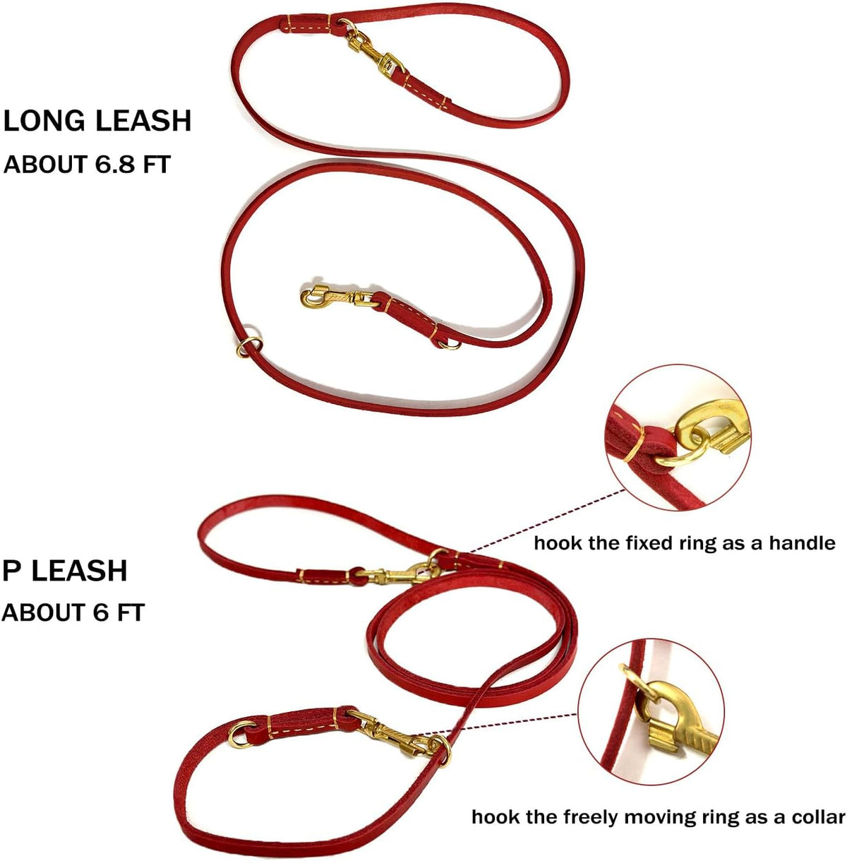 Multi Function 8ft Leather Dog Leash, Genuine Leather Hands Free Leash for Small, Medium and Large Dogs