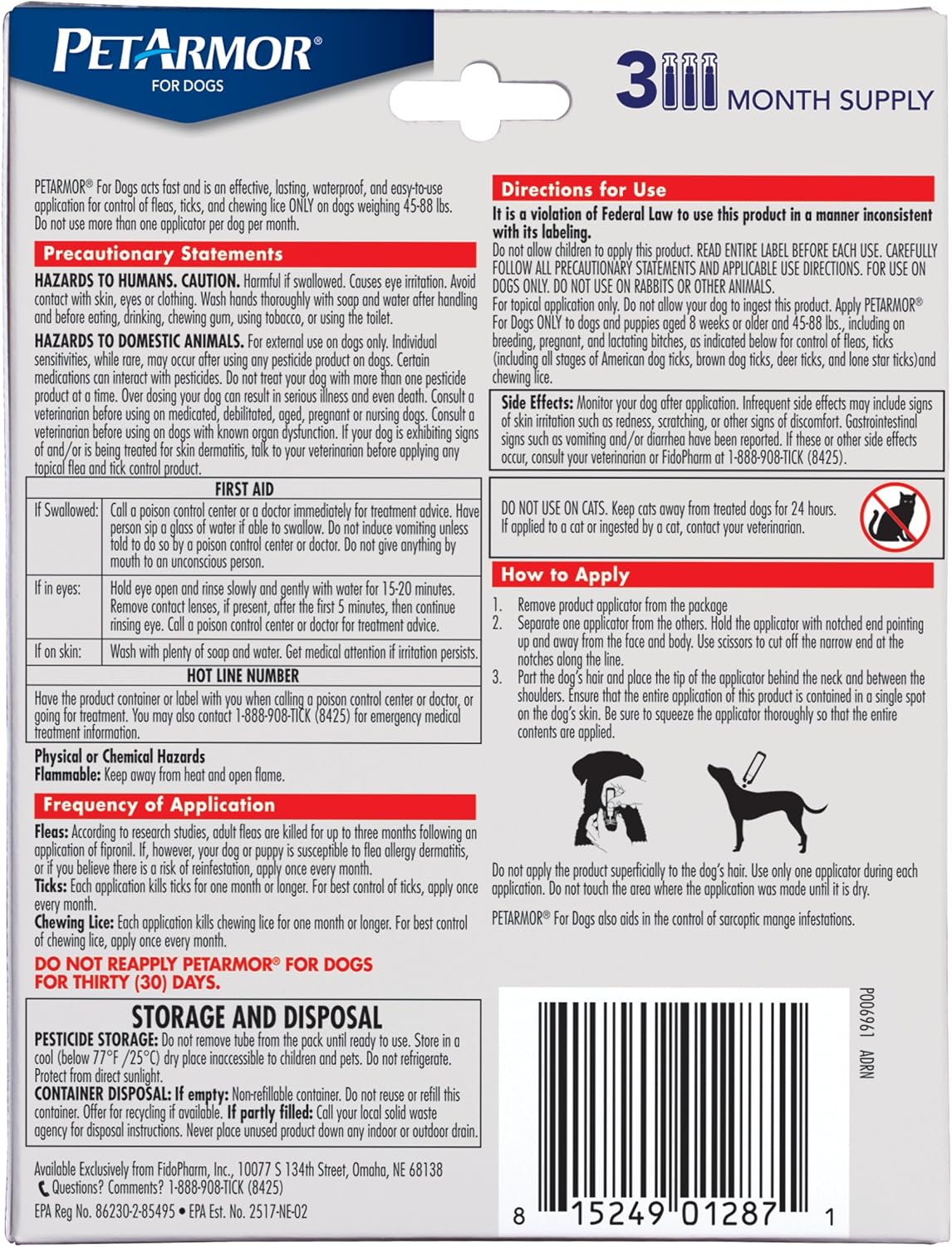Flea & Tick Topical Dogs 45-88 lbs, Fipronil, 3-Month