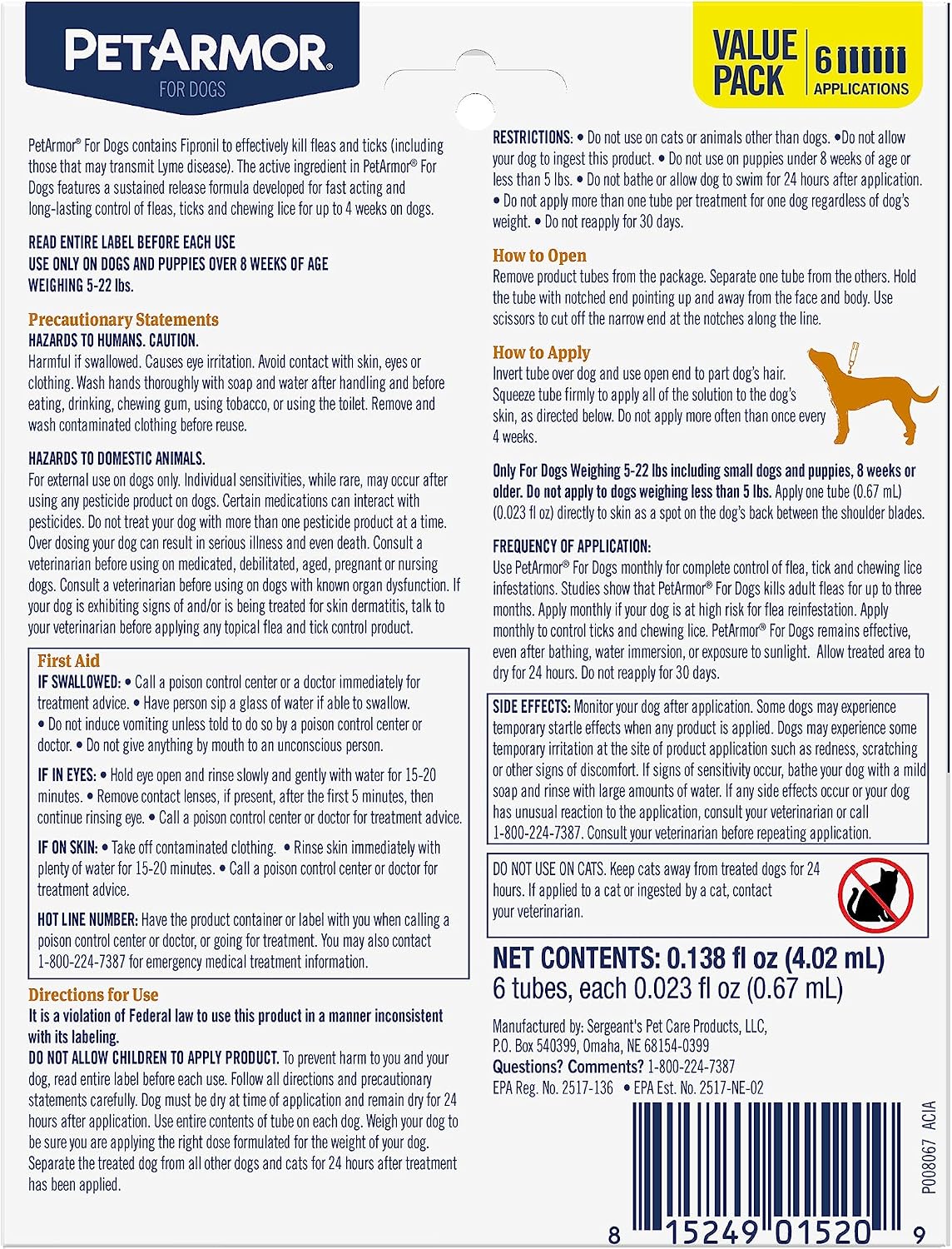Flea & Tick Topical Dogs 45-88 lbs, Fipronil, 3-Month