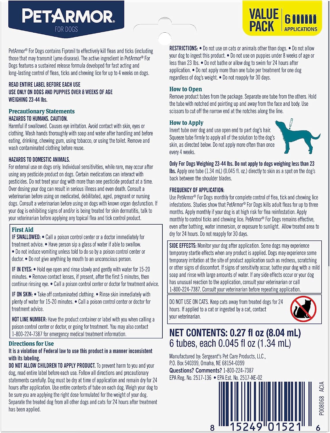 Flea & Tick Topical Dogs 45-88 lbs, Fipronil, 3-Month