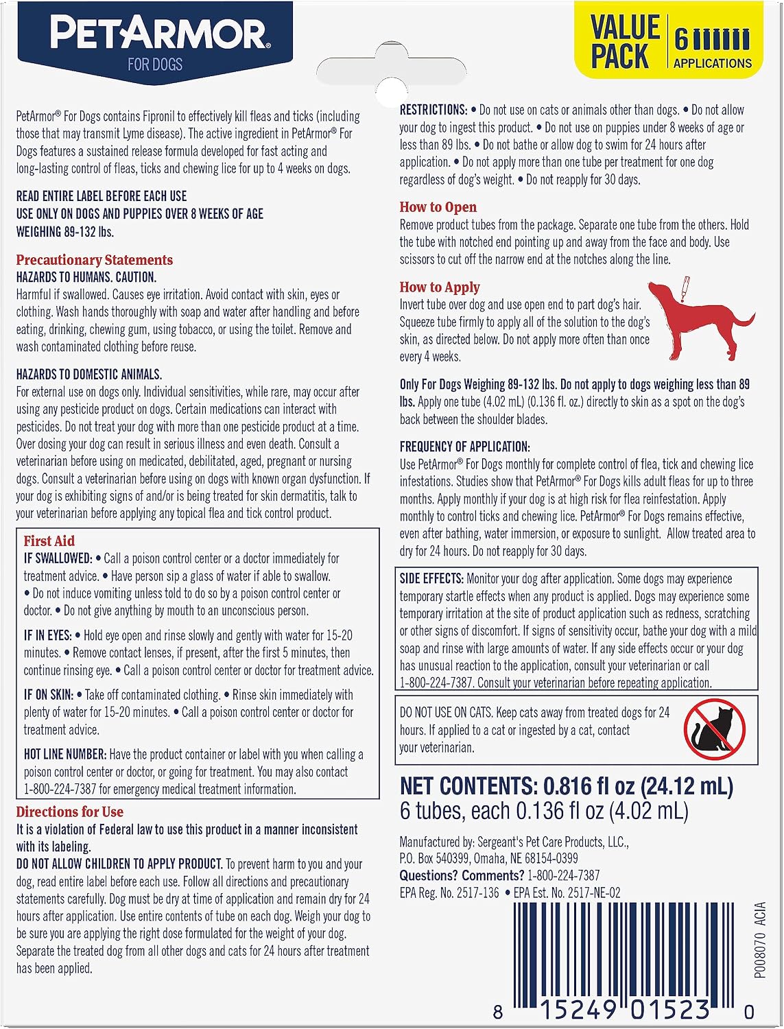 Flea & Tick Topical Dogs 45-88 lbs, Fipronil, 3-Month