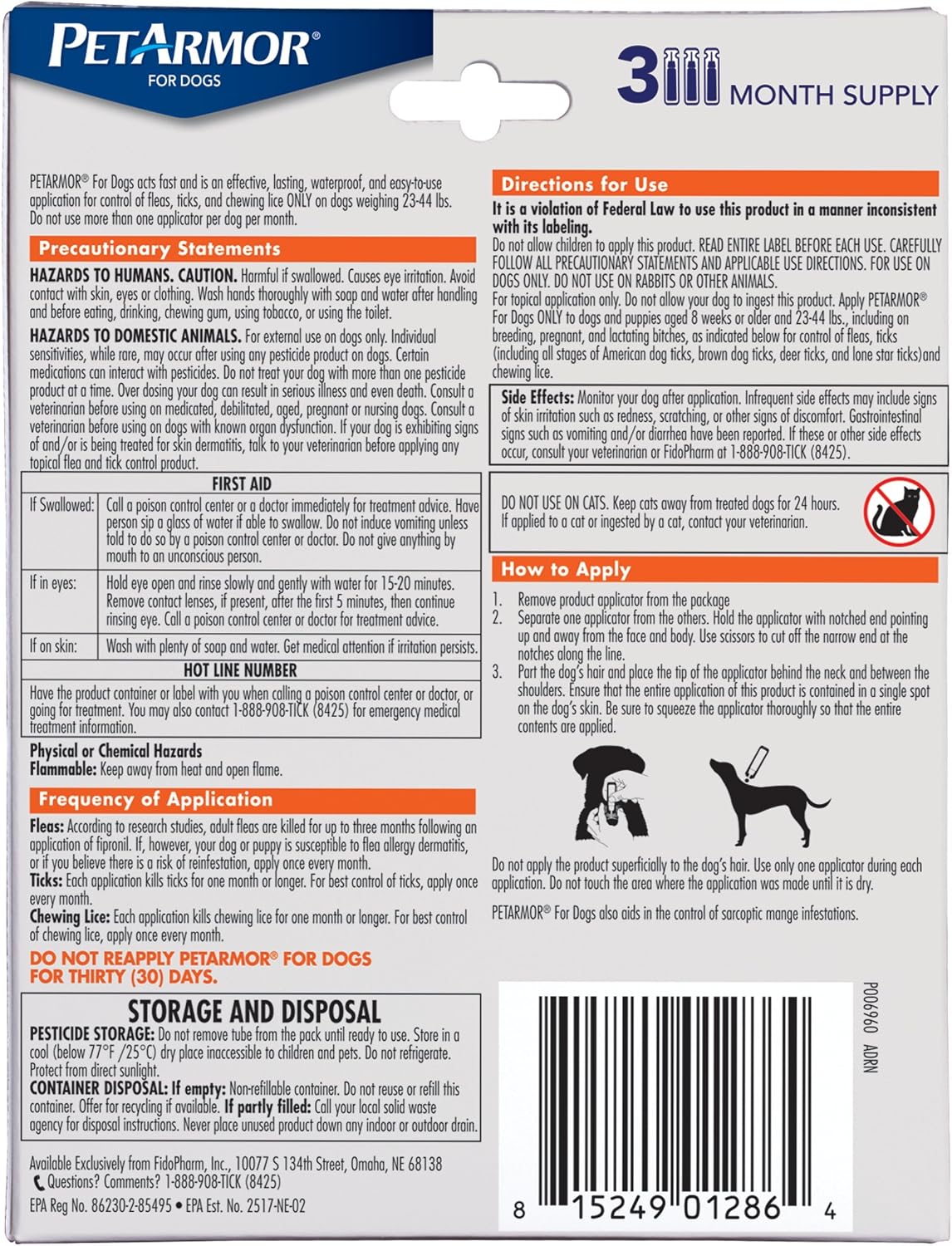 Flea & Tick Topical Dogs 45-88 lbs, Fipronil, 3-Month