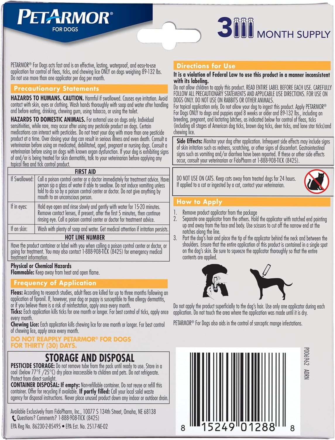 Flea & Tick Topical Dogs 45-88 lbs, Fipronil, 3-Month