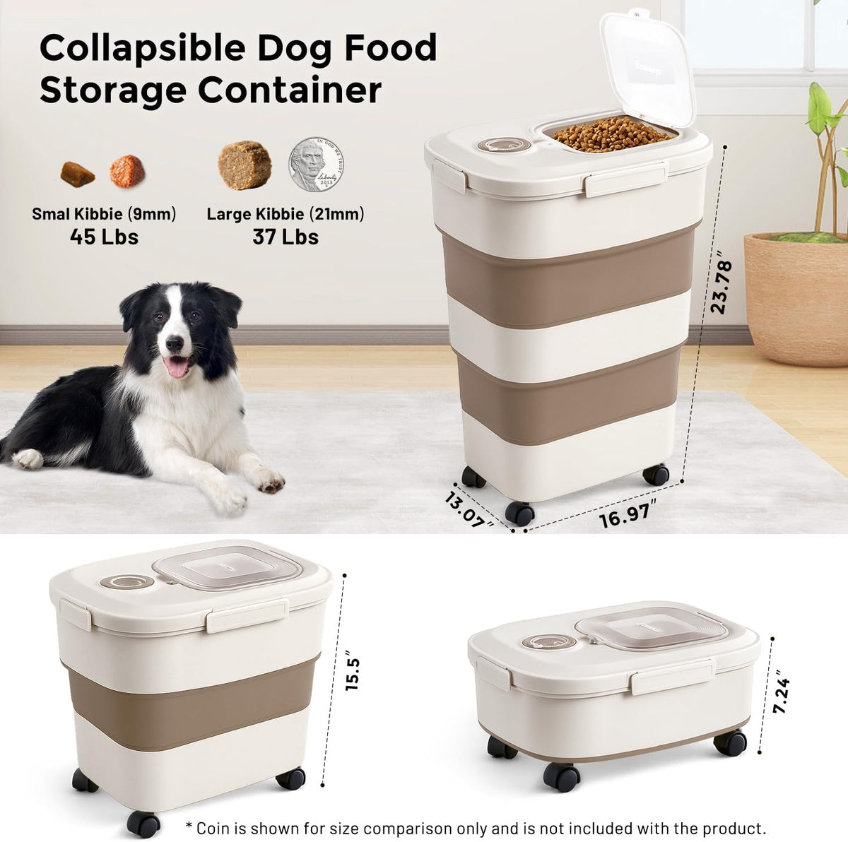 40-50lbs Dog Food Storage Container, Large Capacity Collapsible Airtight Pet Food Storage Containers with Rolling Wheels, Transparent Lid, Scoop and Date Track, Khaki