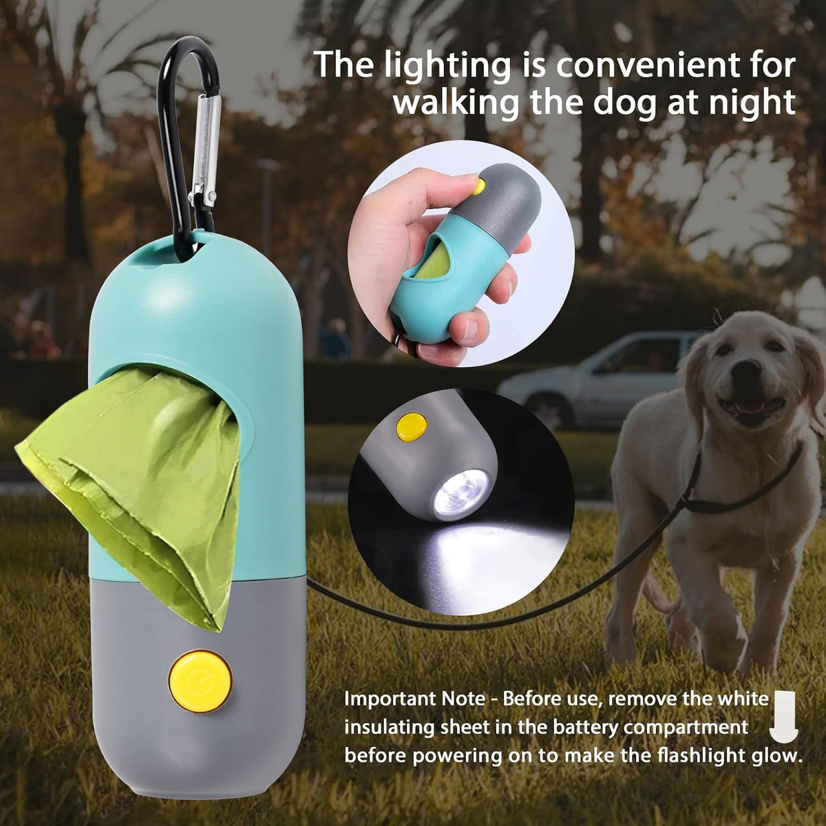 2 Pack Dog Poop Bag Dispenser with Built-in LED Flashlight, Pet Waste Bag Holder with 2 Rolls Waste Bags for Dog Night Walking